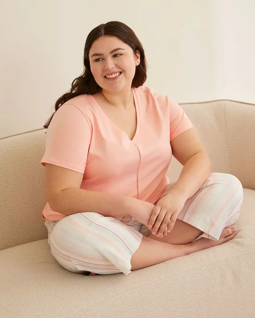 Cotton V-Neck Pyjama Top with Faggoting Trim - ti Voglio