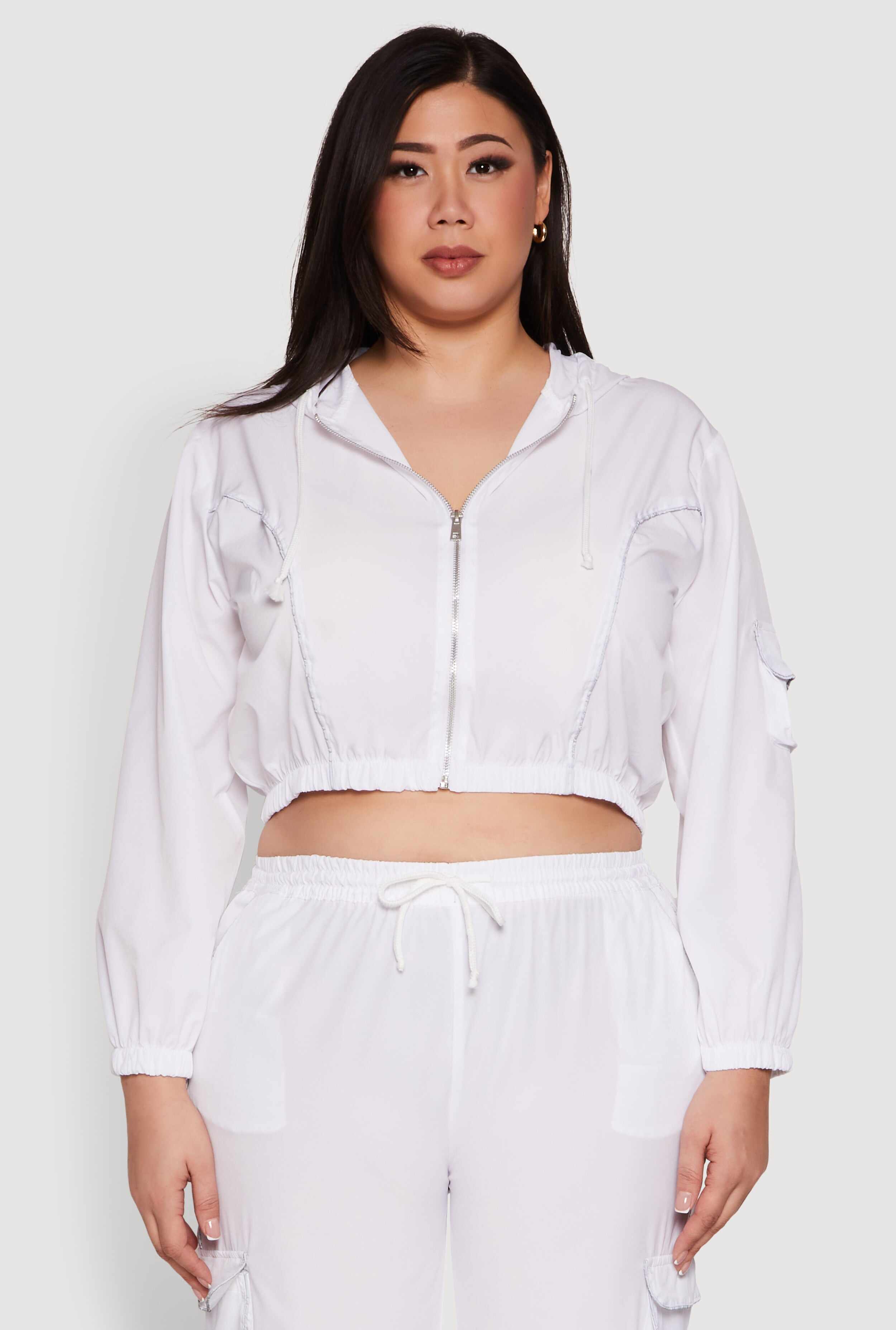 Plus Size Cargo Pocket Sleeve Cropped Track Jacket