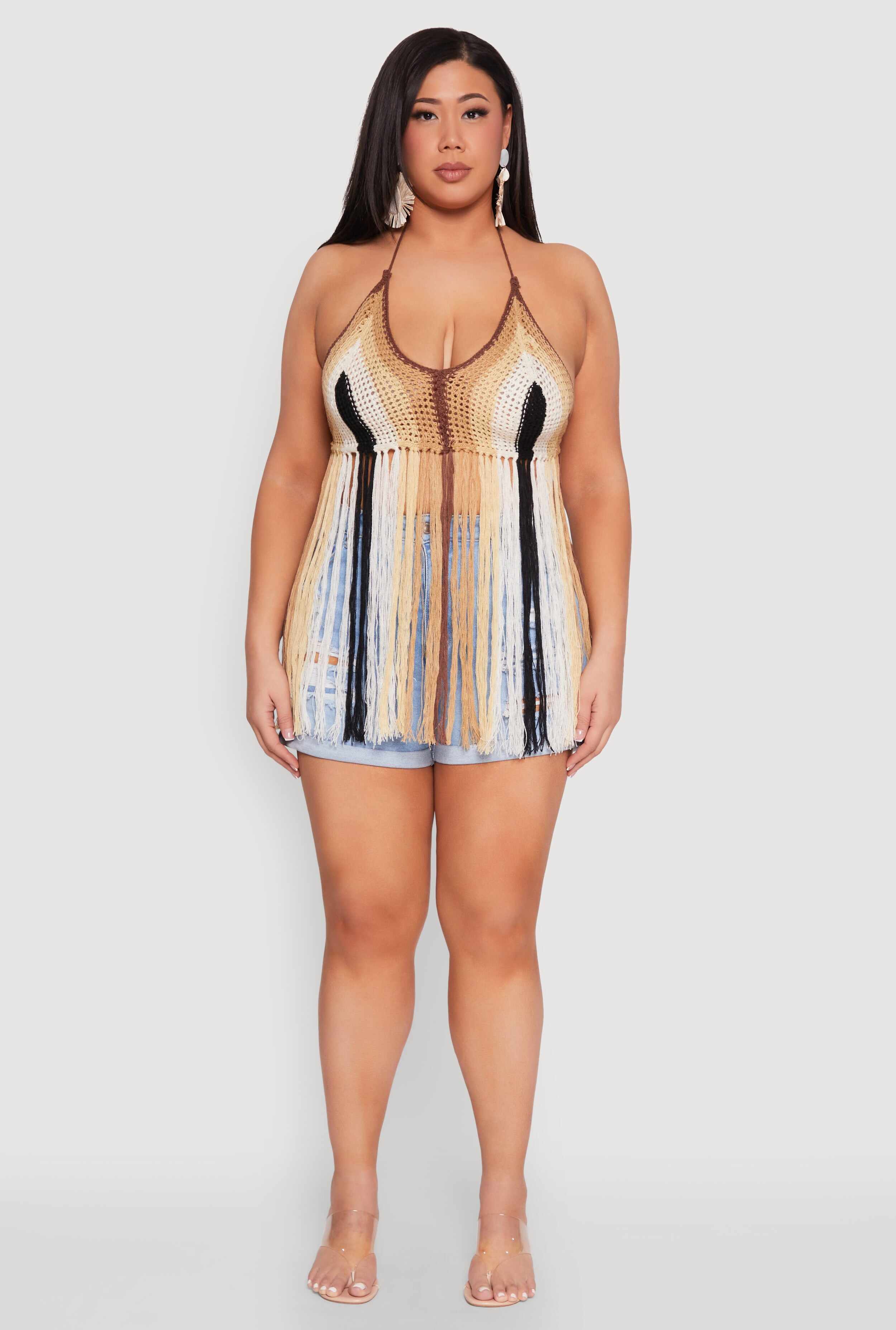 Plus Size Tassel Fringe Crochet Halter Top