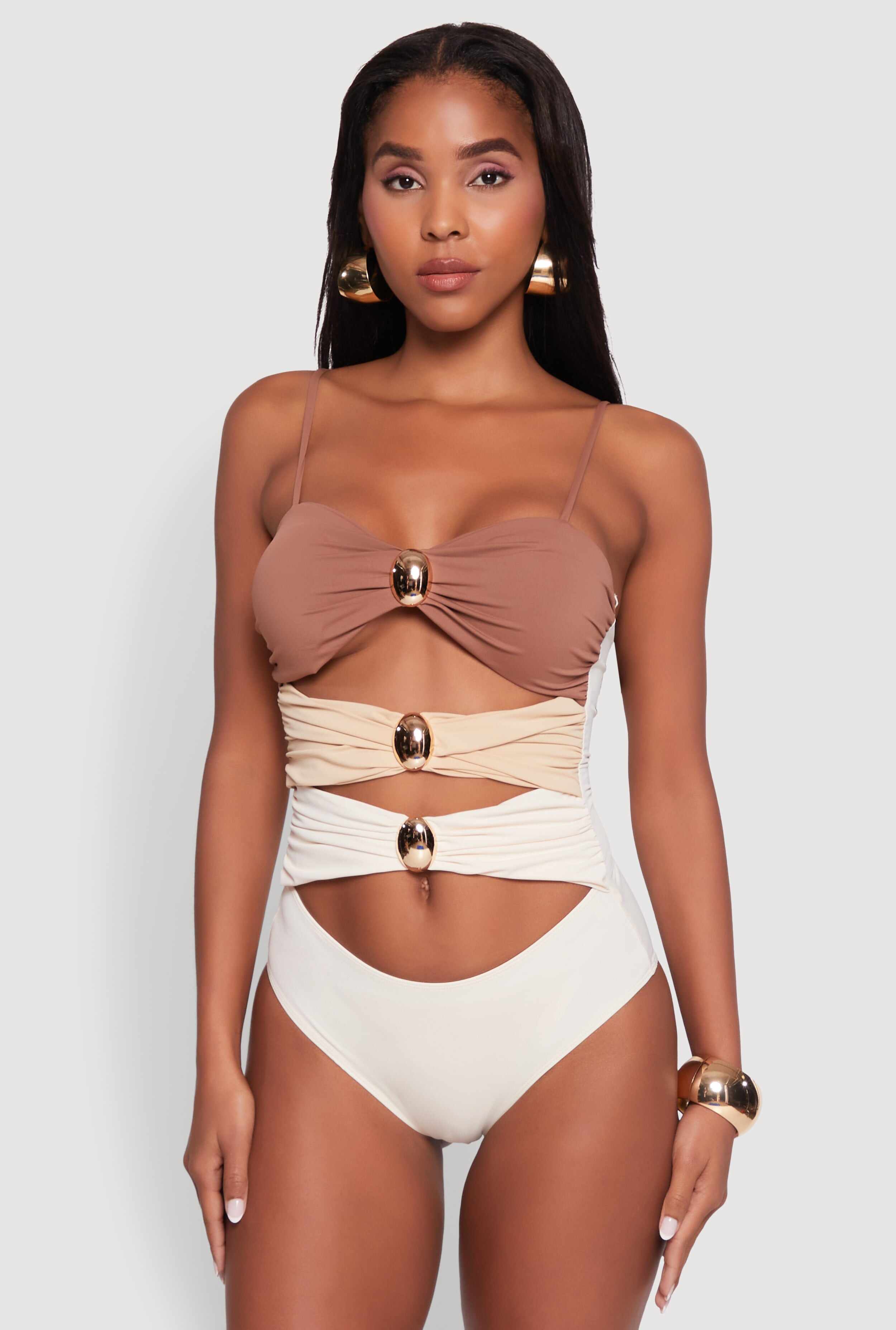 Stylish Color Blocked Metallic Detail One Piece Swimsuit