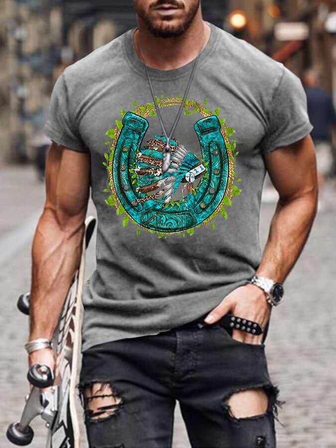 Men's Vintage Western Horseshoe Print T-Shirt