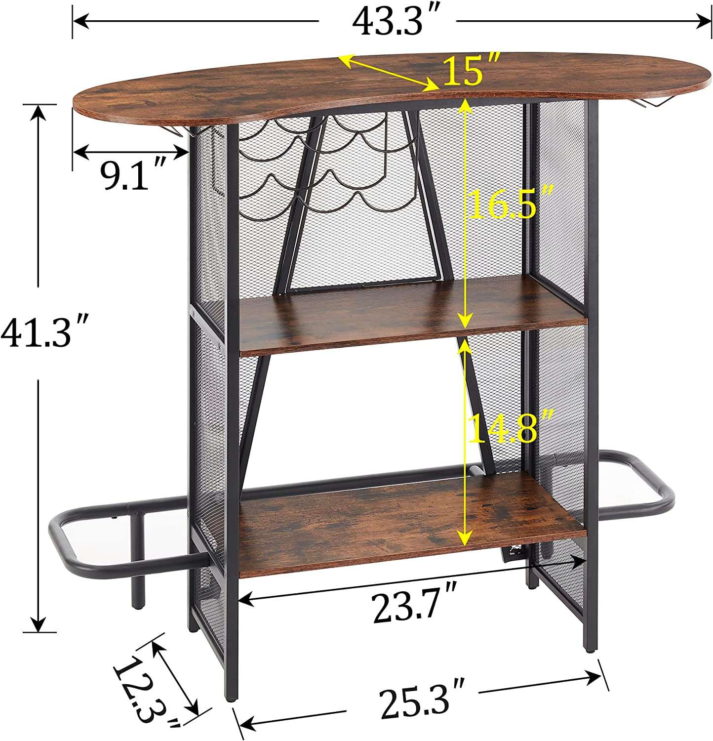 VECELO Bar Unit with Metal Mesh Front, 3-Tier Wine Rack Table with Glasses Holder