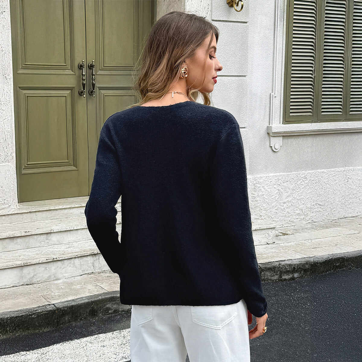 Deep V-neck Button Long Sleeve Jacket Sweater Women's Wear