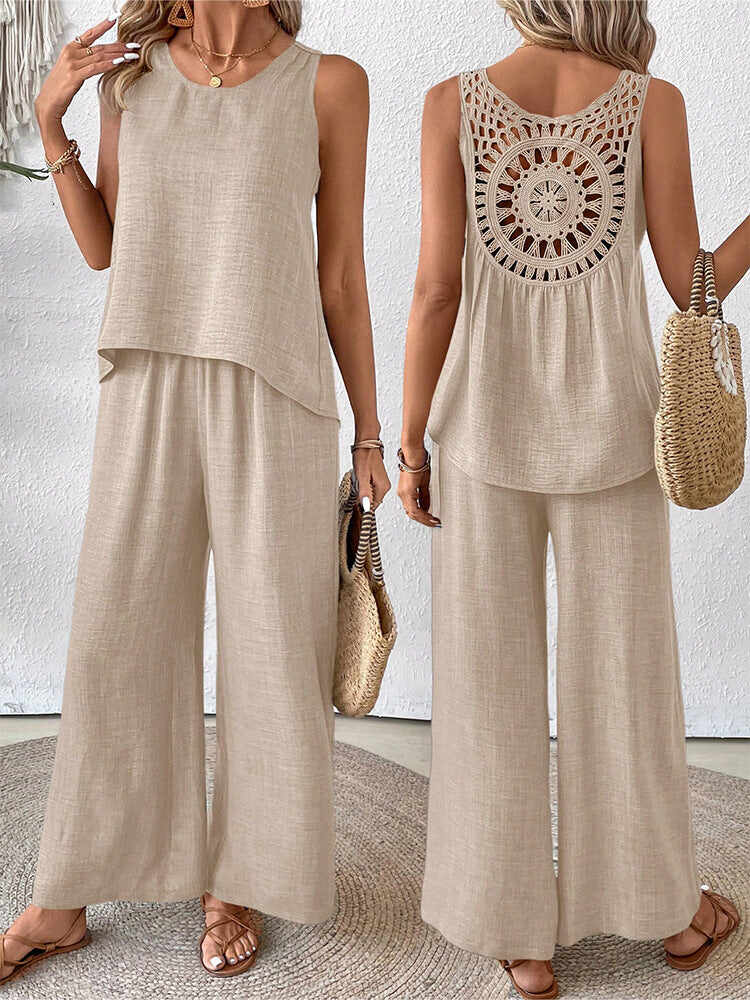 🔥Summer Arrivals🌟Women's Hollow Lace Two-piece Set: Casual Vest And Wide-leg Pants