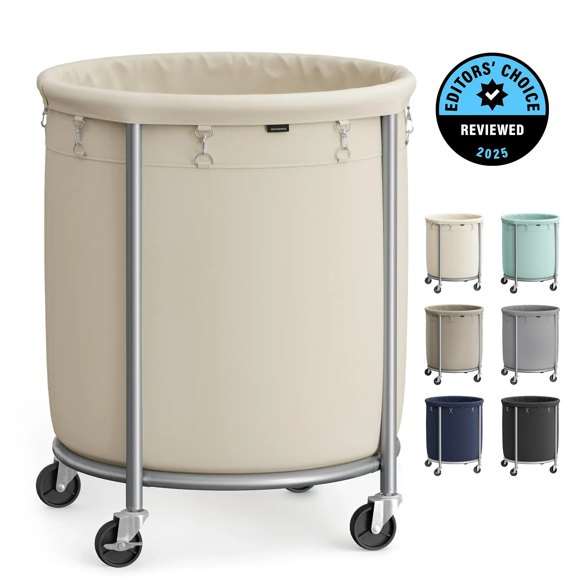 SONGMICS Rolling Laundry Basket with Wheels - Cream & Silver