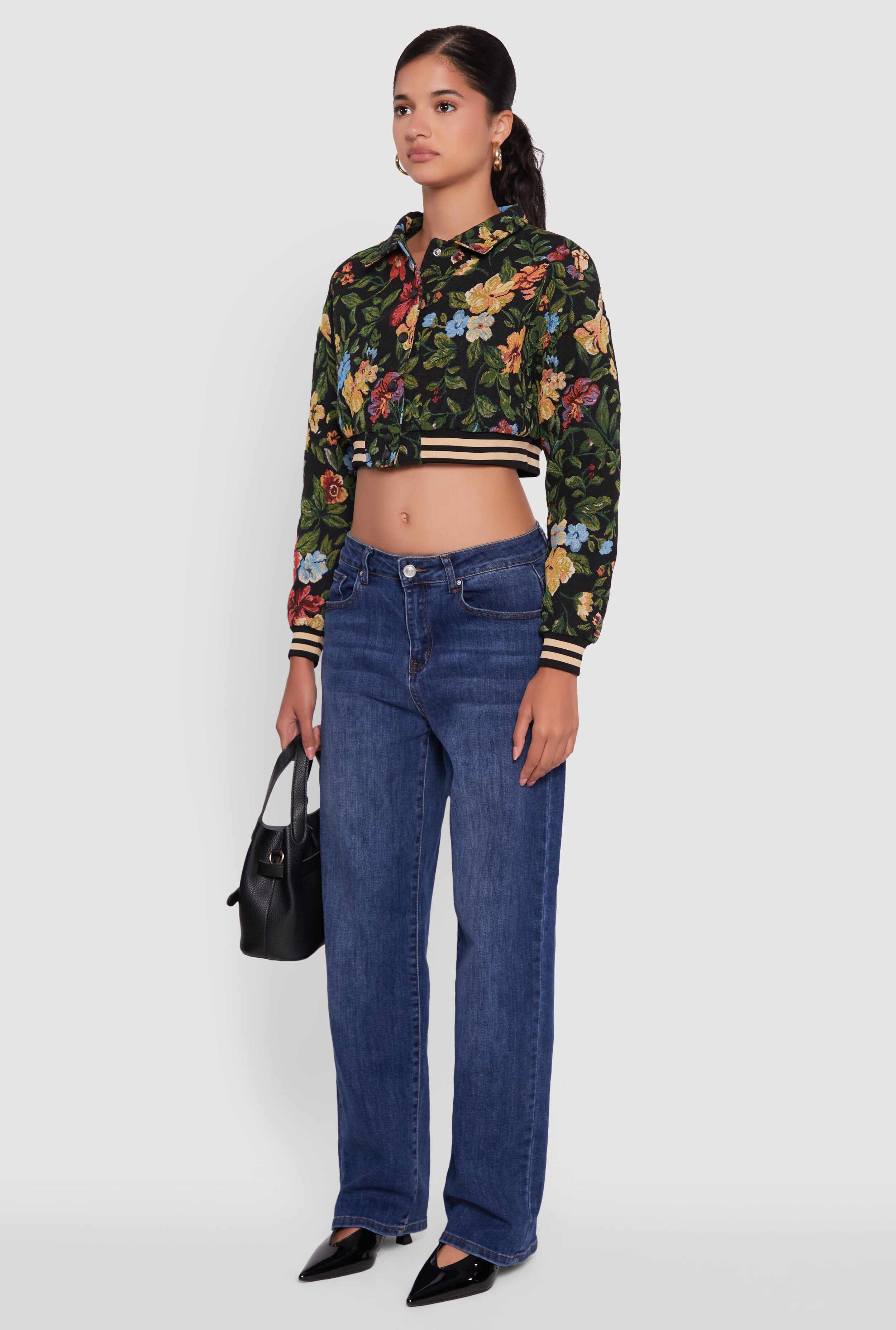 Floral Jacquard Cropped Bomber Jacket