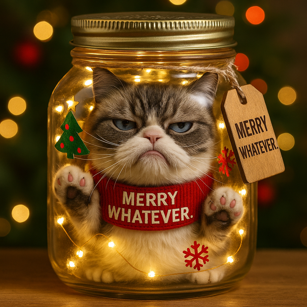 Cat-in-a-Jar – Grumpy Christmas Meme Ornament