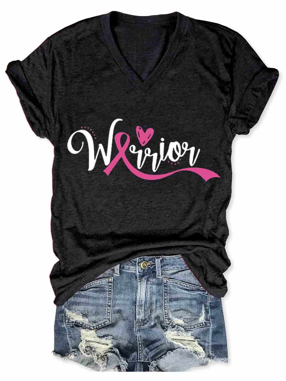 Breast Cancer Warrior Print Casual  T-shirt