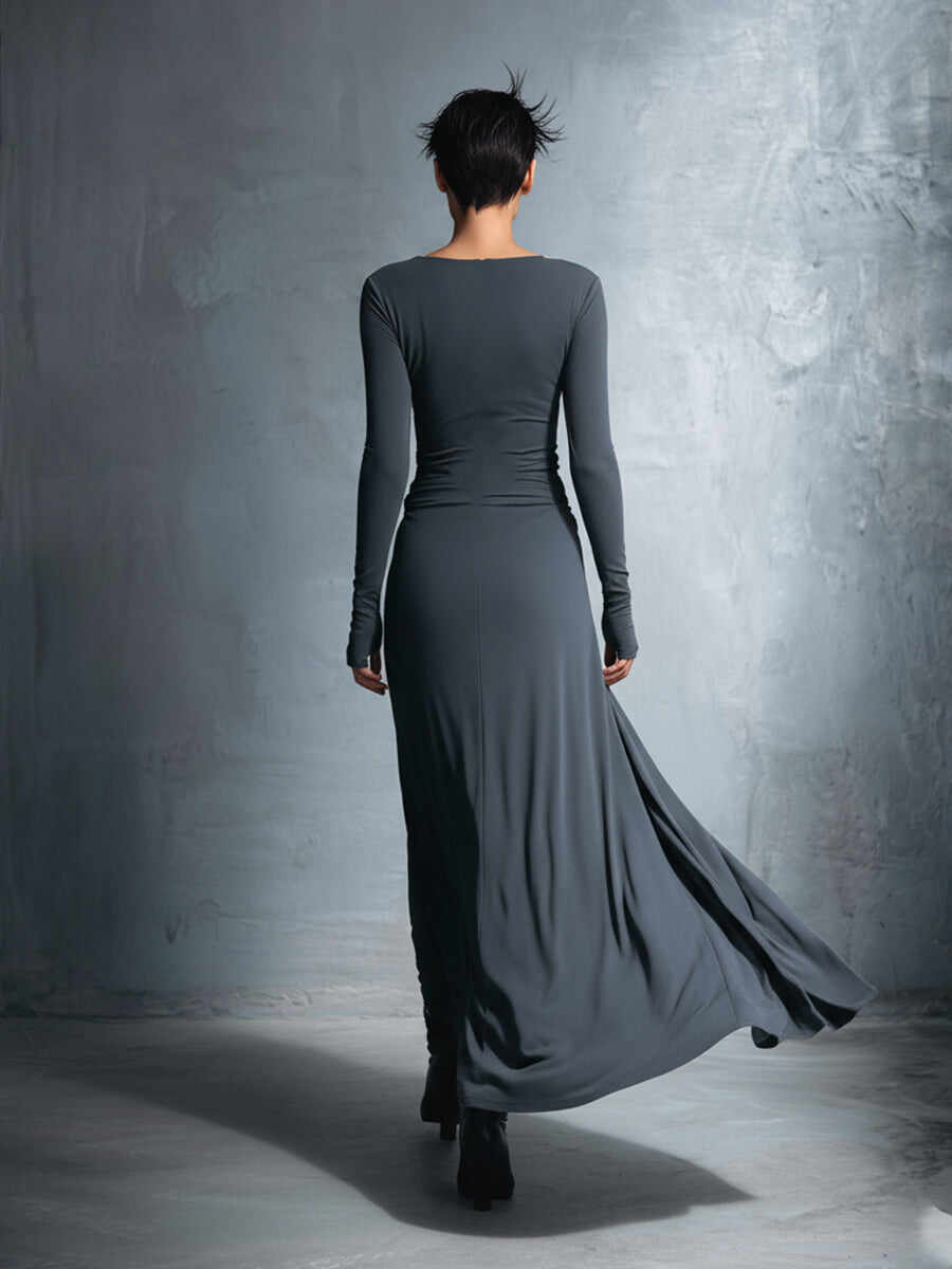 Women's Gray Exquisite Stretch Polyester-Cotton Blend Wrap Dress - Knotted Maxi Dress