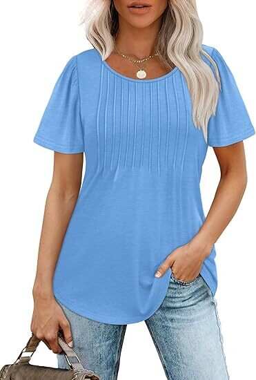 🔥Last Day Promotion🔥Womens T Shirts Short Sleeve Pleated Dressy Casual Scooped Neck Summer Tops Blouses