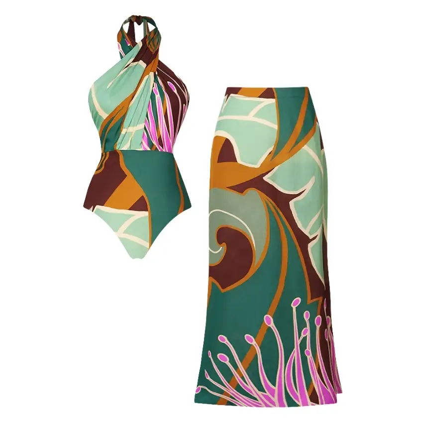 Printed one-piece swimsuit and skirt