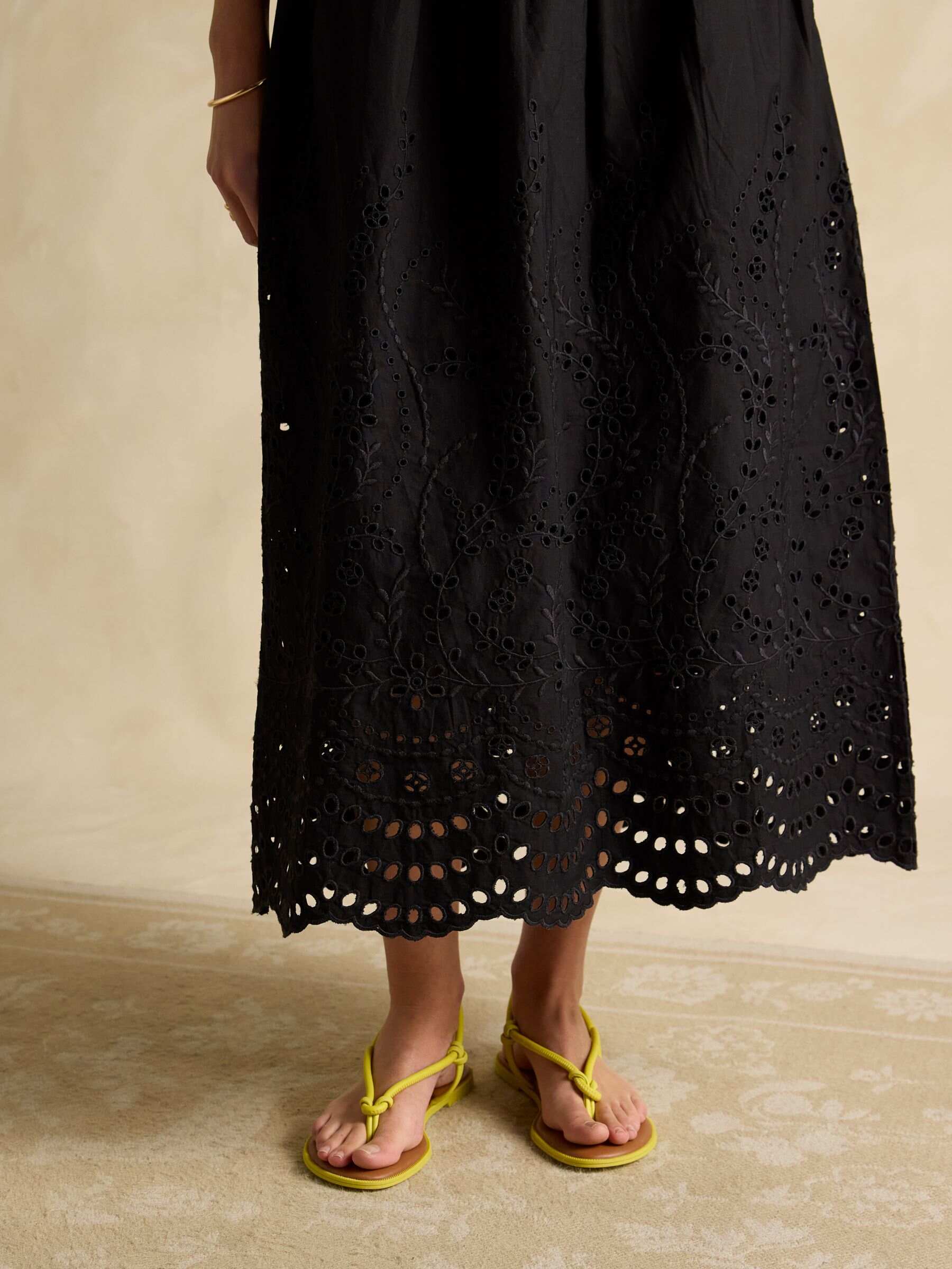 Reid Black Cotton Broderie Midi Dress