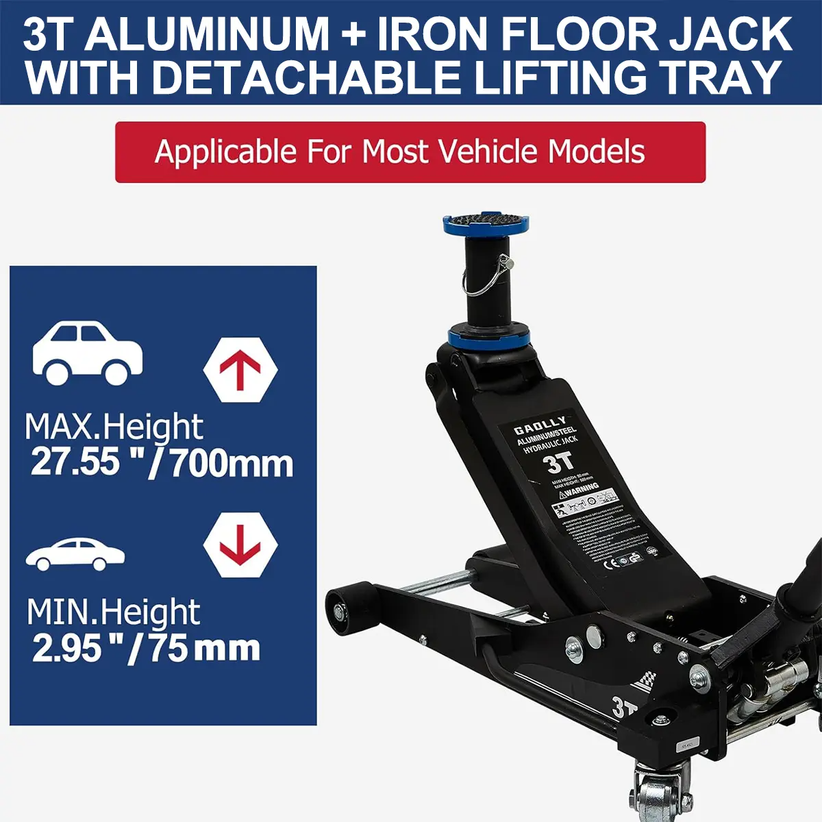 3 Ton Low Profile, Heavy-Duty Steel Racing Floor Jack with Dual Pistons Quick Lift Pump, with Lug Wrench Lifting Range 3.35\