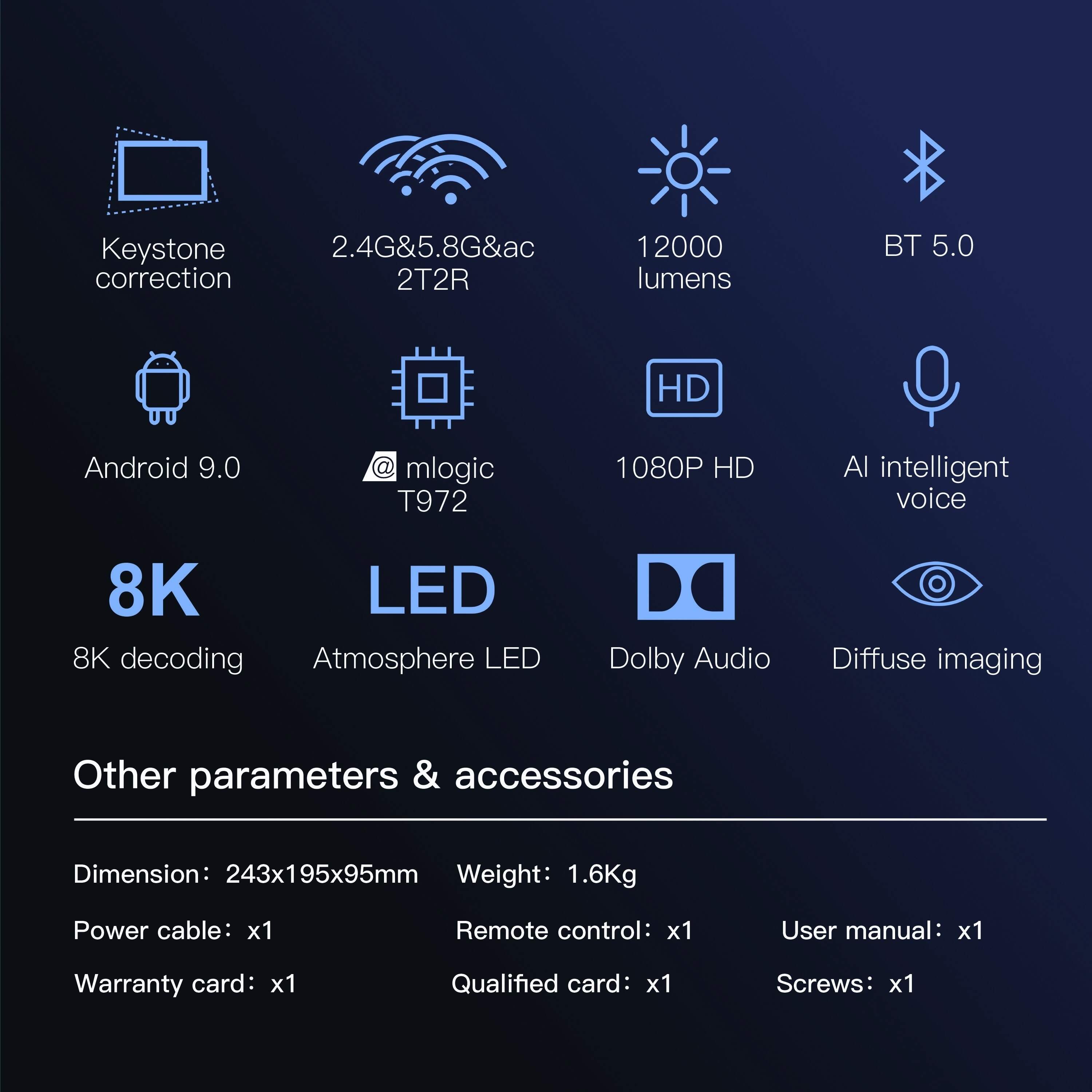 8K Projector With WiFi And BT, 12000L Native 1080p Projector, Movie Projector For Outdoor Use, 200