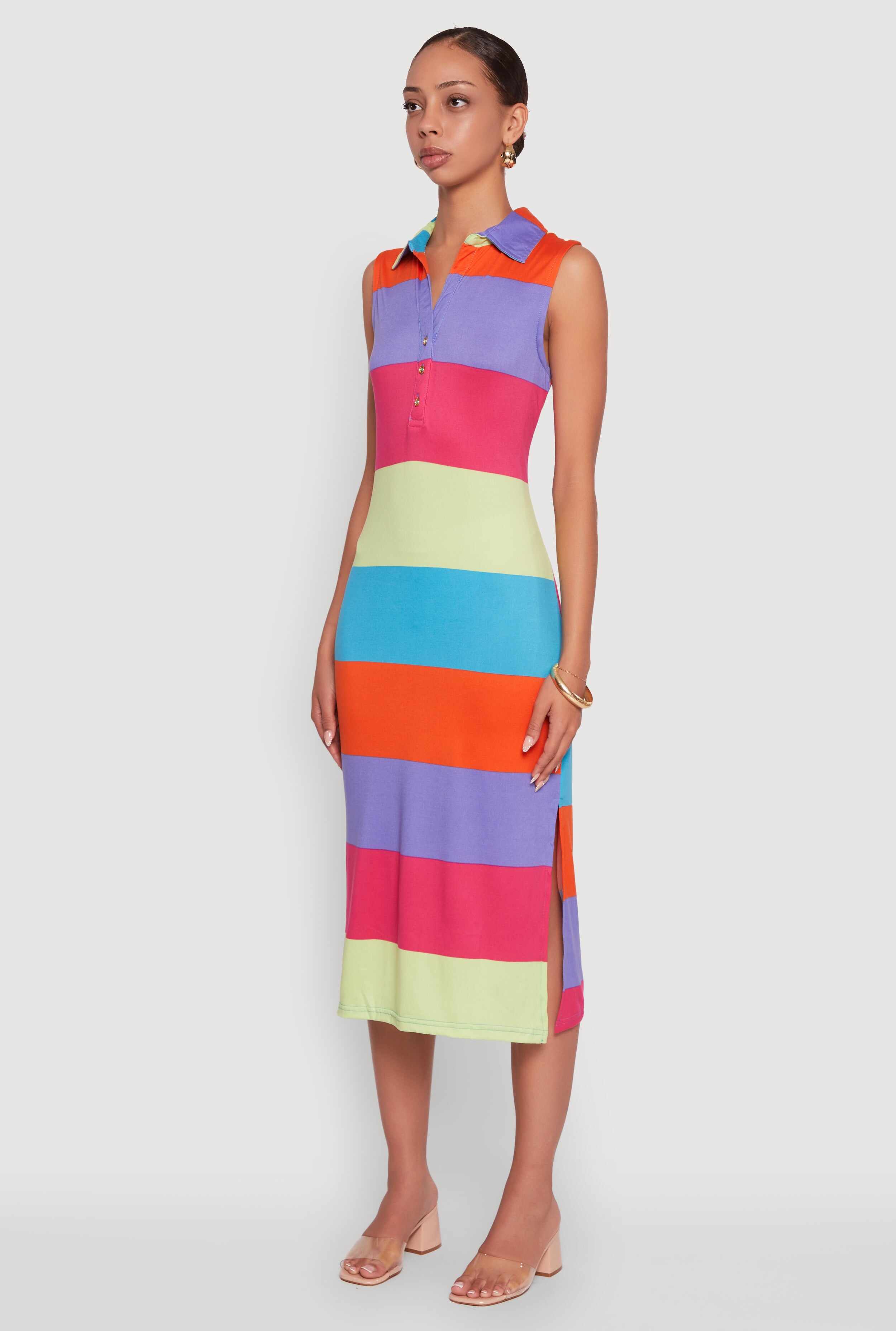 Color Blocked Striped Polo Collar Sleeveless Midi Dress