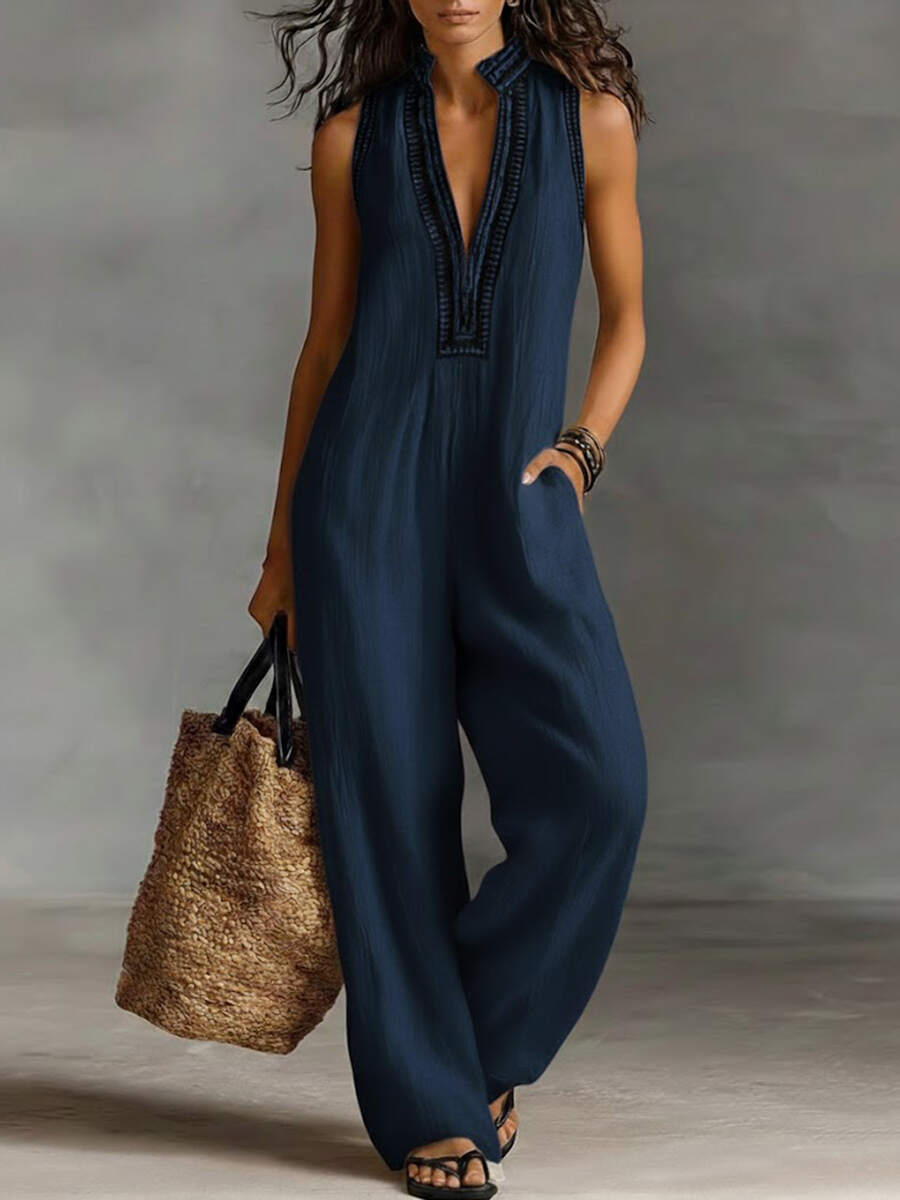🔥Summer Arrivals🌟Women's V-neck Sleeveless Casual Loose Cotton And Linen Jumpsuit