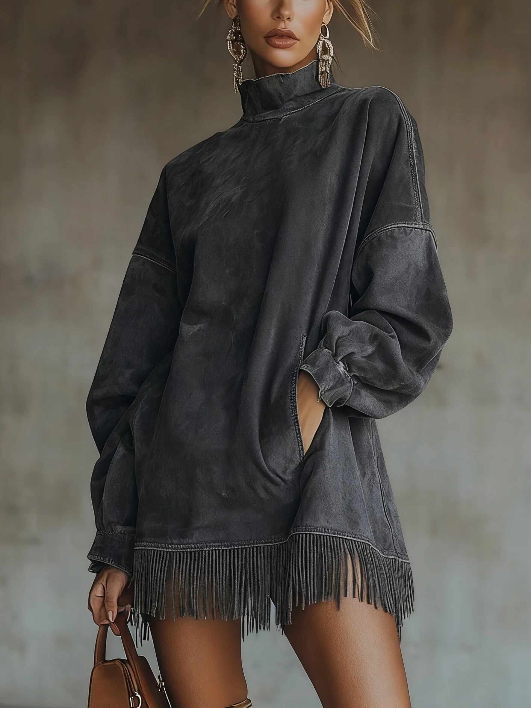 Faux Suede Turtleneck Dress With Fringe Hem