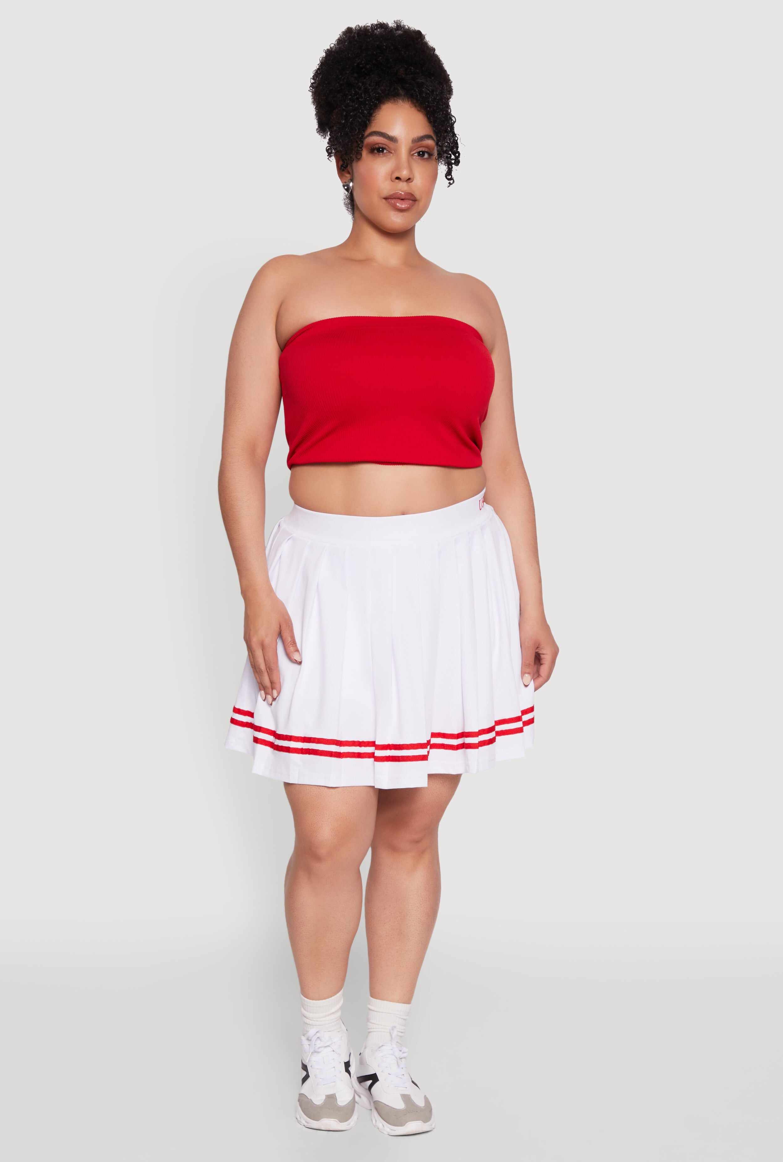 Plus Size Trendy High Waisted Graphic Pleated Varsity Stripe Skirt