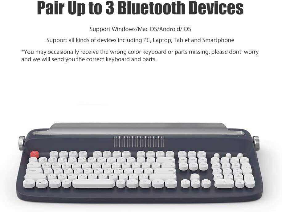 Typewriter Keyboard Wireless Bluetooth 5.0 Retro Aesthetic Cute Kawaii Round Keycaps 106-Key with Num Pad Clicky Mechanical Feeling with Pad/Phone Holder for Windows/Mac OS/Android/iOS (Mint)