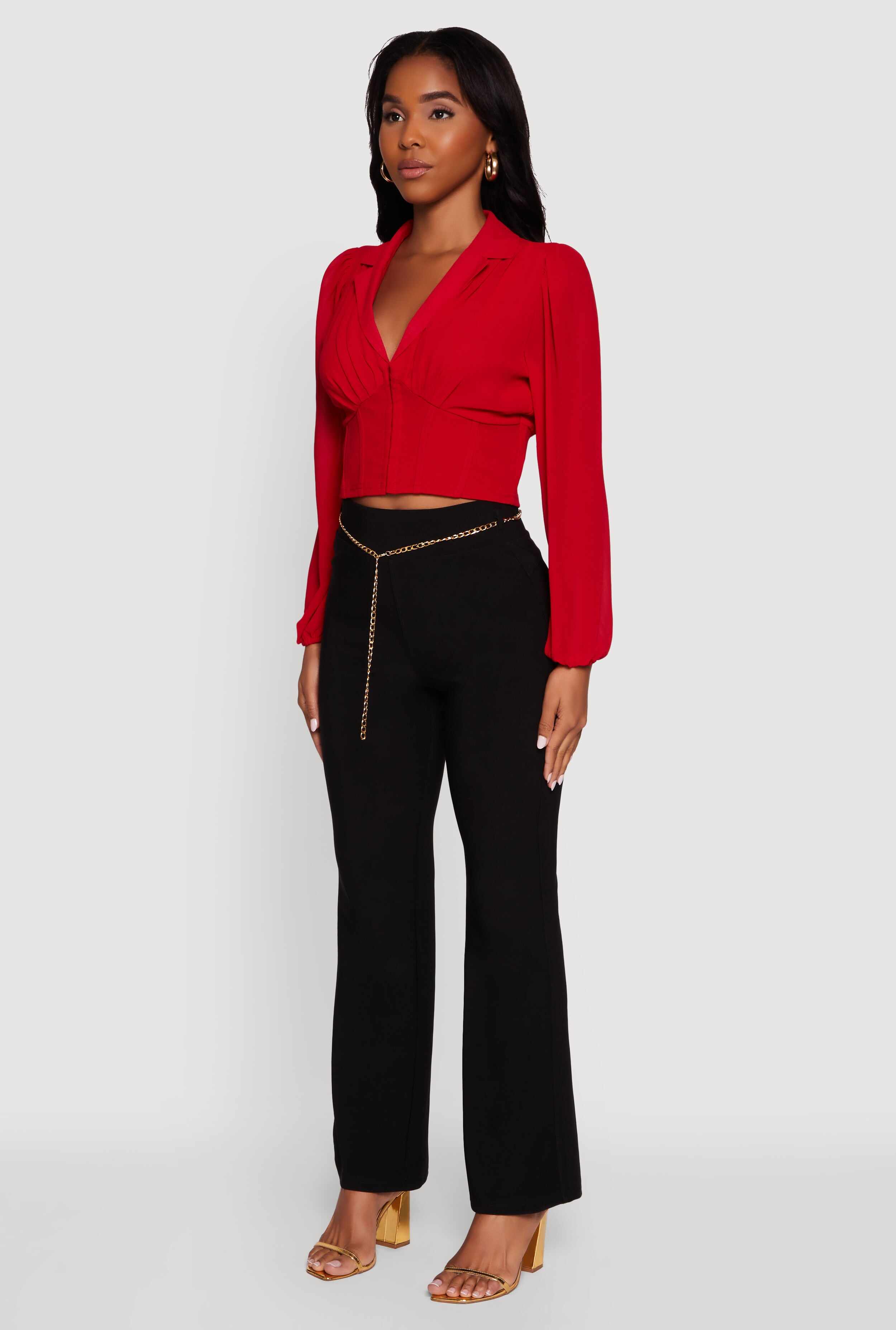 High Waisted Flare Leg Scuba Pants with Metallic Chain Belt
