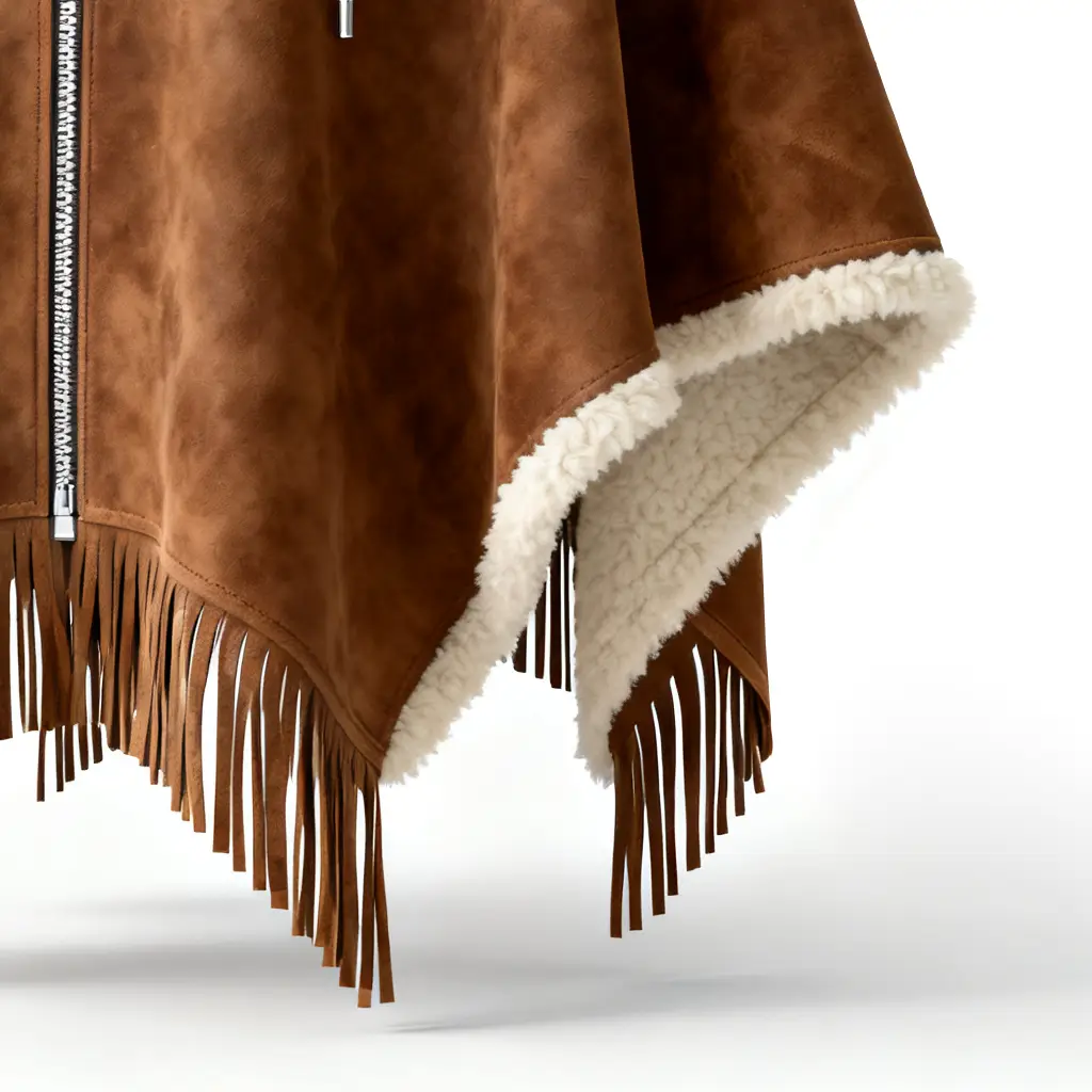 Carhartt Women's Brown Faux Suede Hooded Cape With Shearling Lining And Fringe Details
