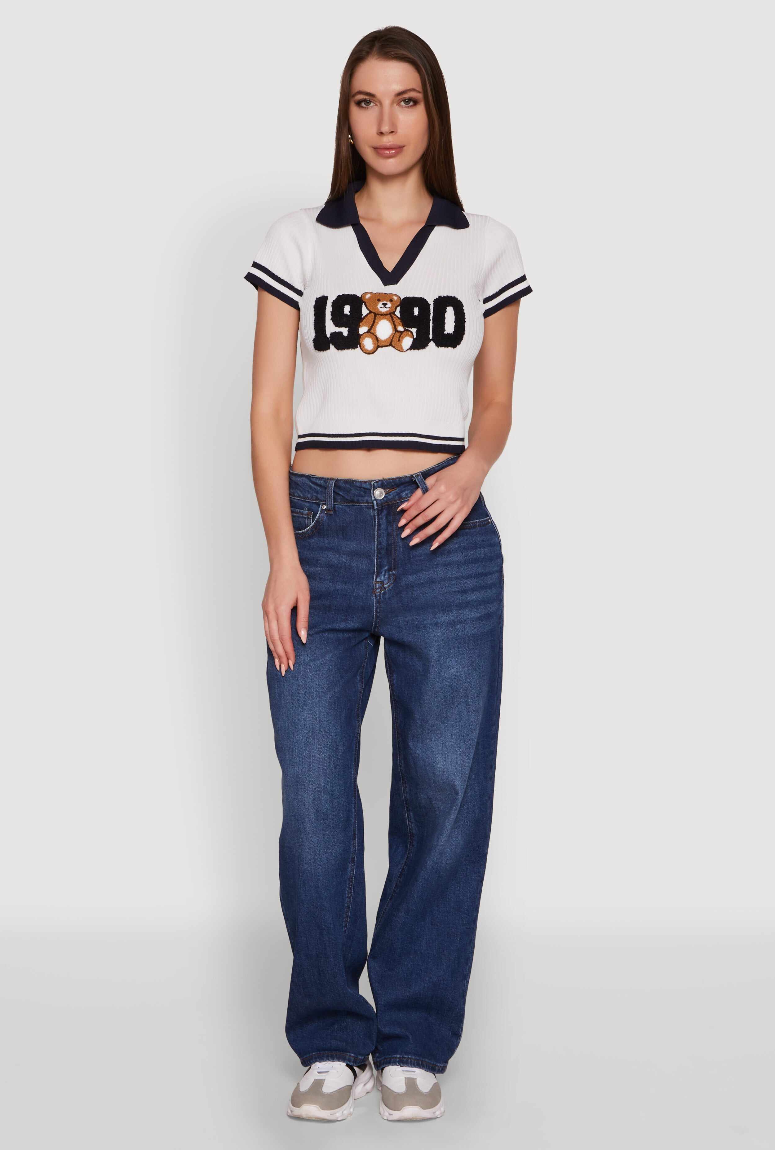 Varsity Striped Embroidered 1990 Bear Graphic Polo Shirt