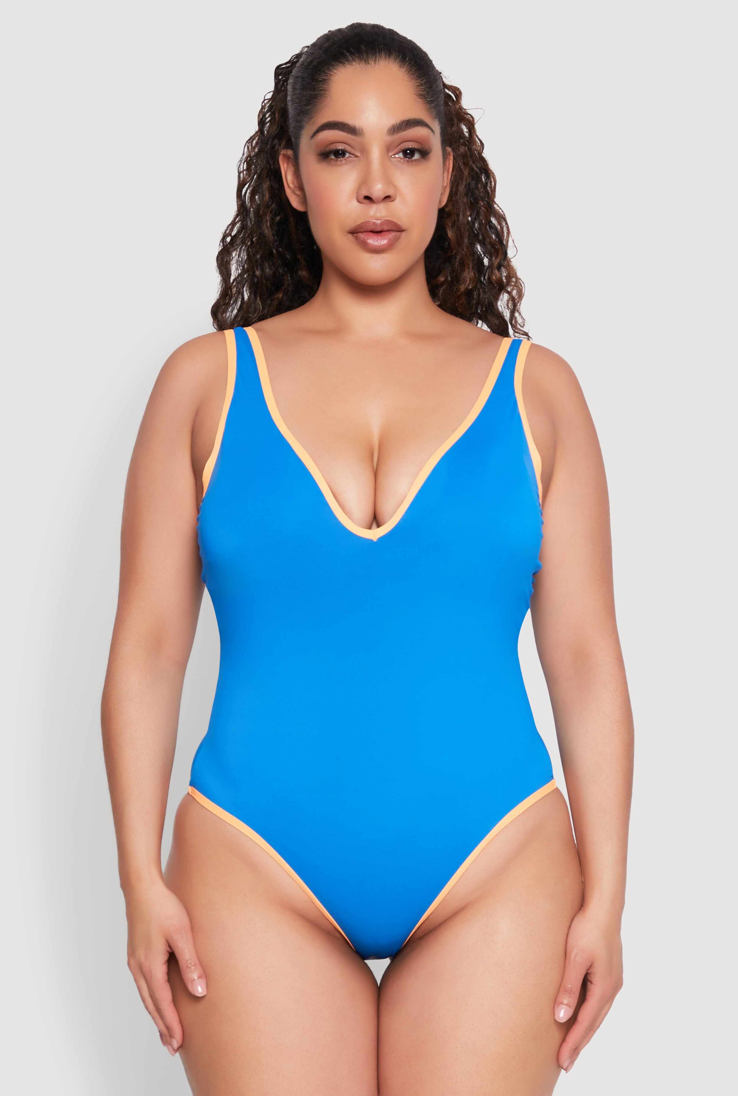 Plus Size Contrast Trim High Cut One Piece Swimsuit