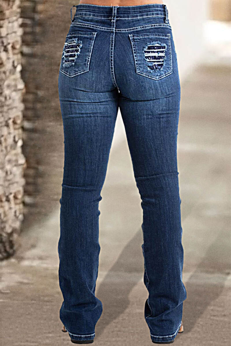 Vintage Stripe Print Ripped Mid Waist Jeans