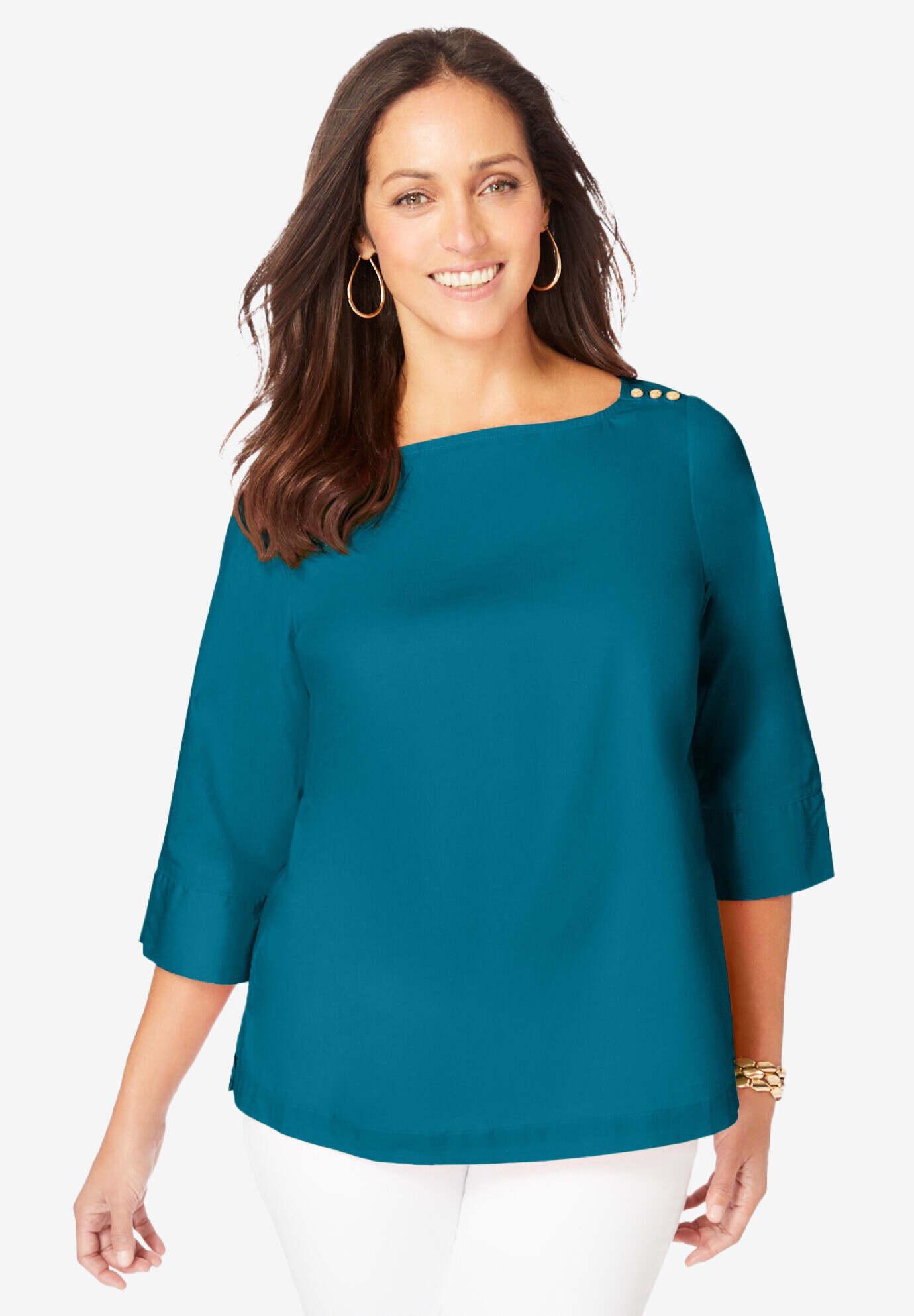 Stretch Poplin Button Boatneck Tunic