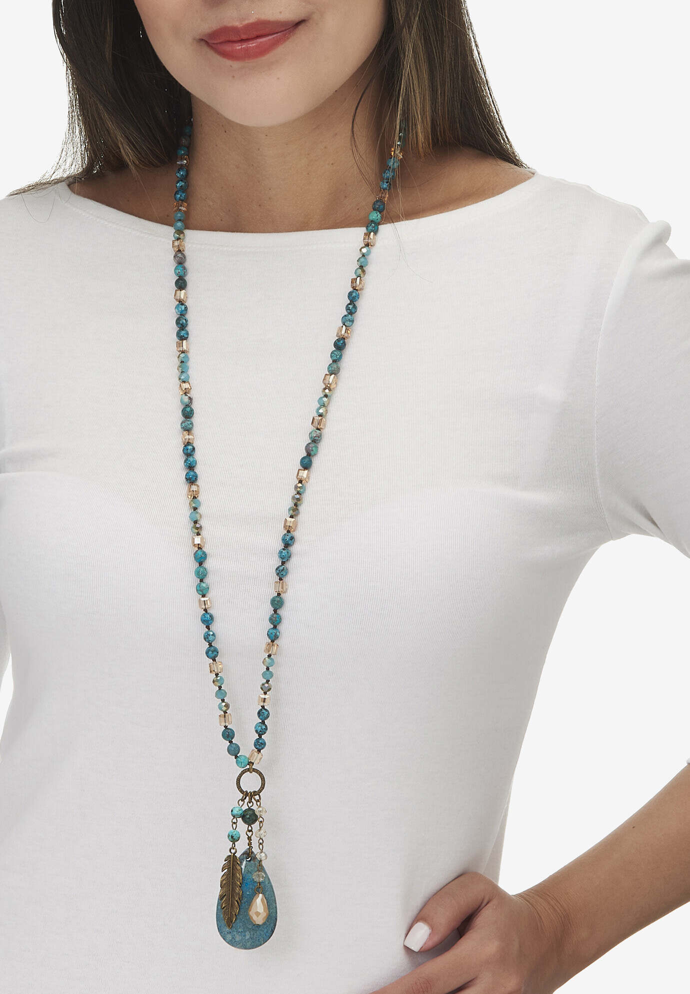 Genuine Jasper Antiqued Goldtone Boho Drop Necklace, 34 Inches