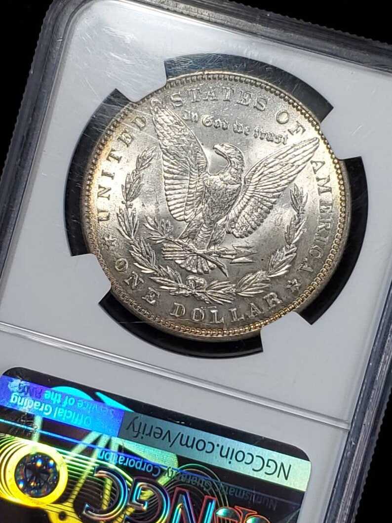 1887   MS 63 Silver Morgan Dollar, NGC  MS 63  Silver Coin  Beautiful toning- small chip on top of the case -  Regular -129   Lot # 1486