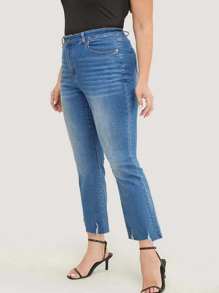 Bootcut Very Stretchy High Rise Medium Wash Distressed Hem  Jeans