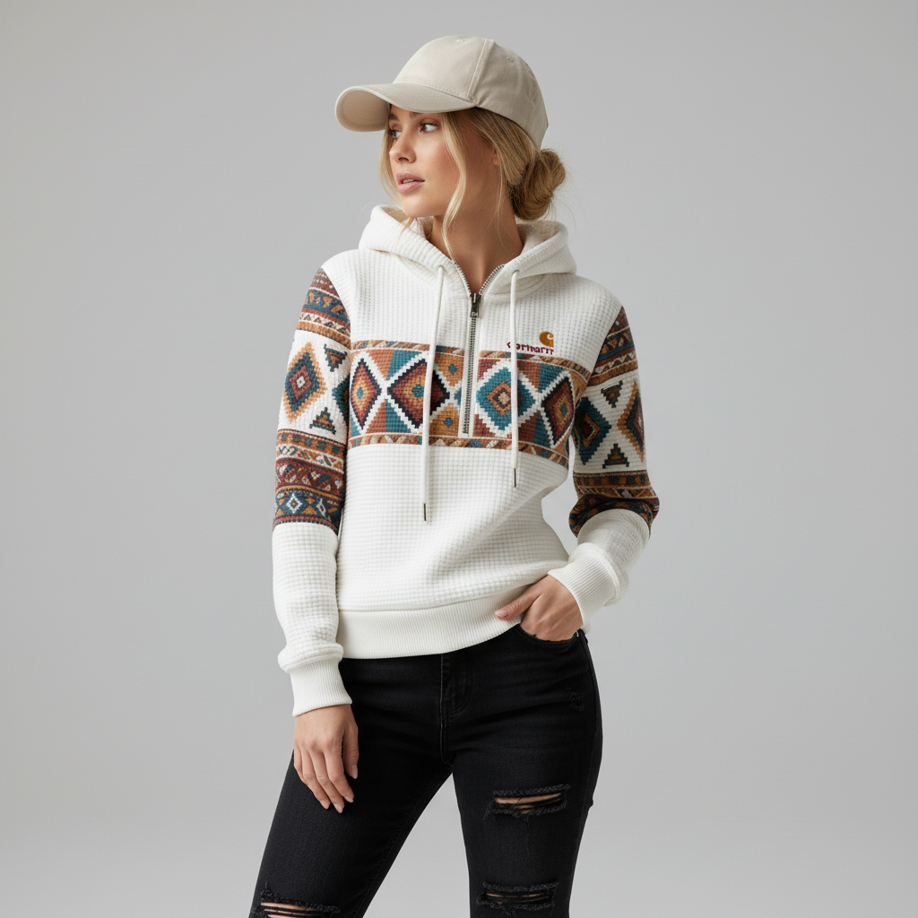 Women's Retro Loose Comfort Ethnic Print Color Block Waffle Patchwork Half Zipper Stand Collar Hooded Sweatshirt