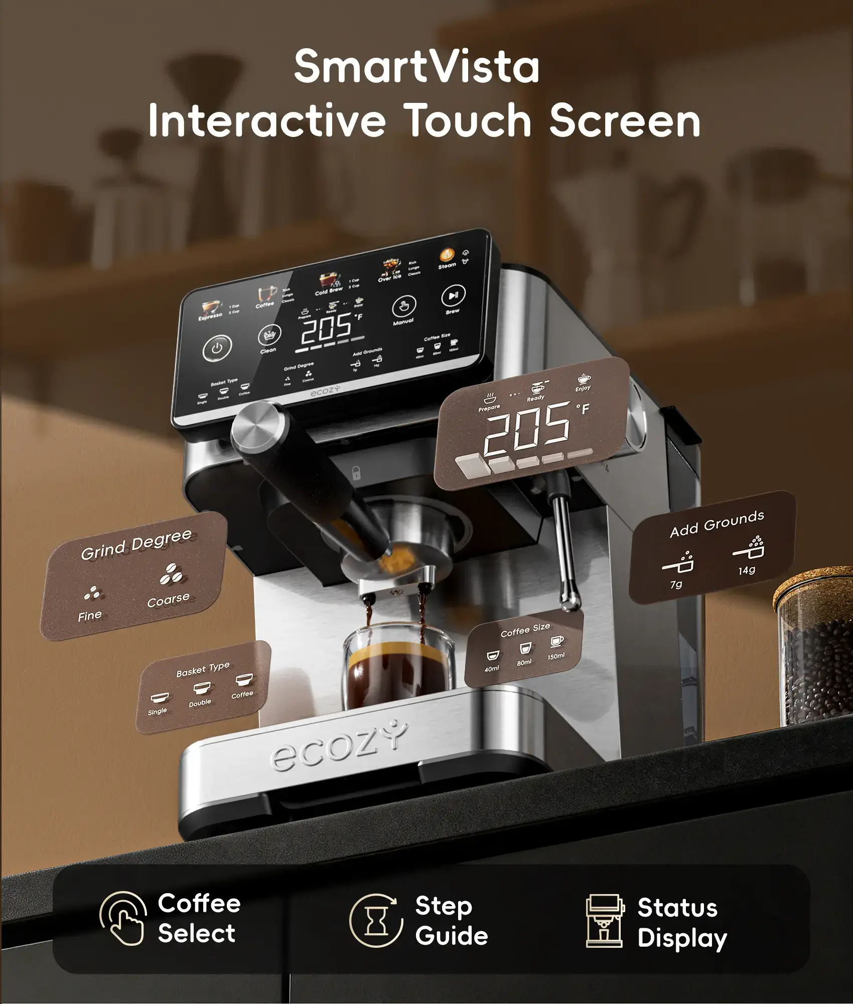 4-in-1 Espresso Machine  LED Touch Screen, 20 Bar Pump - Home Coffee Bar, Drip Coffee, Cold Brew and Over lce Machine, Intergrated Milk Frother, Stainless Steel, Brezzano Elite Series for Cappuccinos, Lattes, Americanos