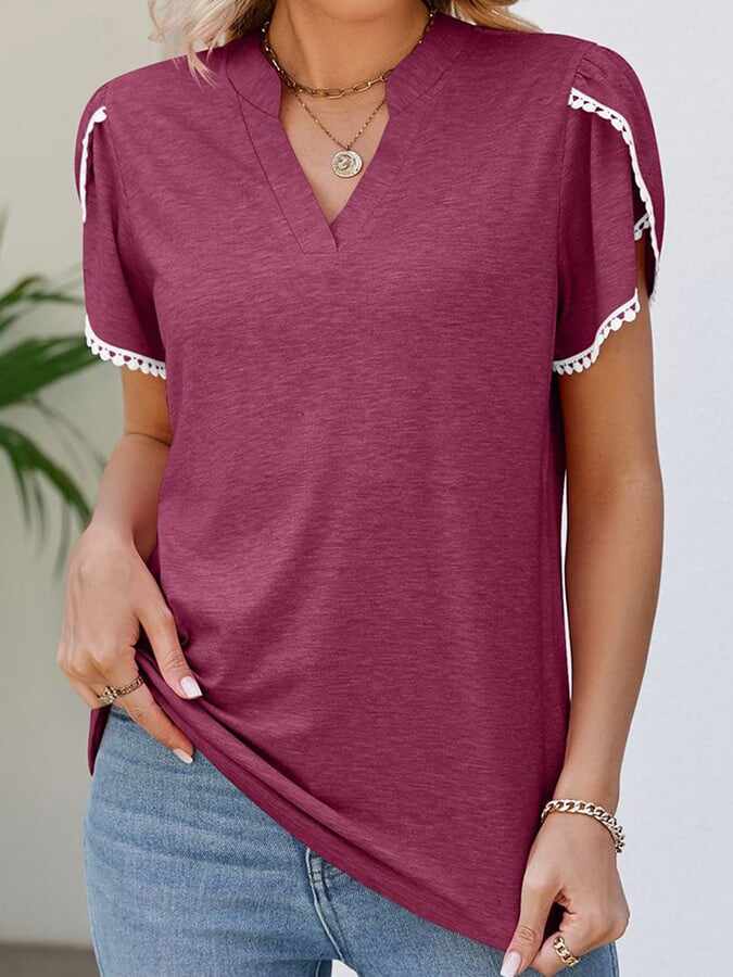 Solid V-neck Lace Short Sleeve Casual Top