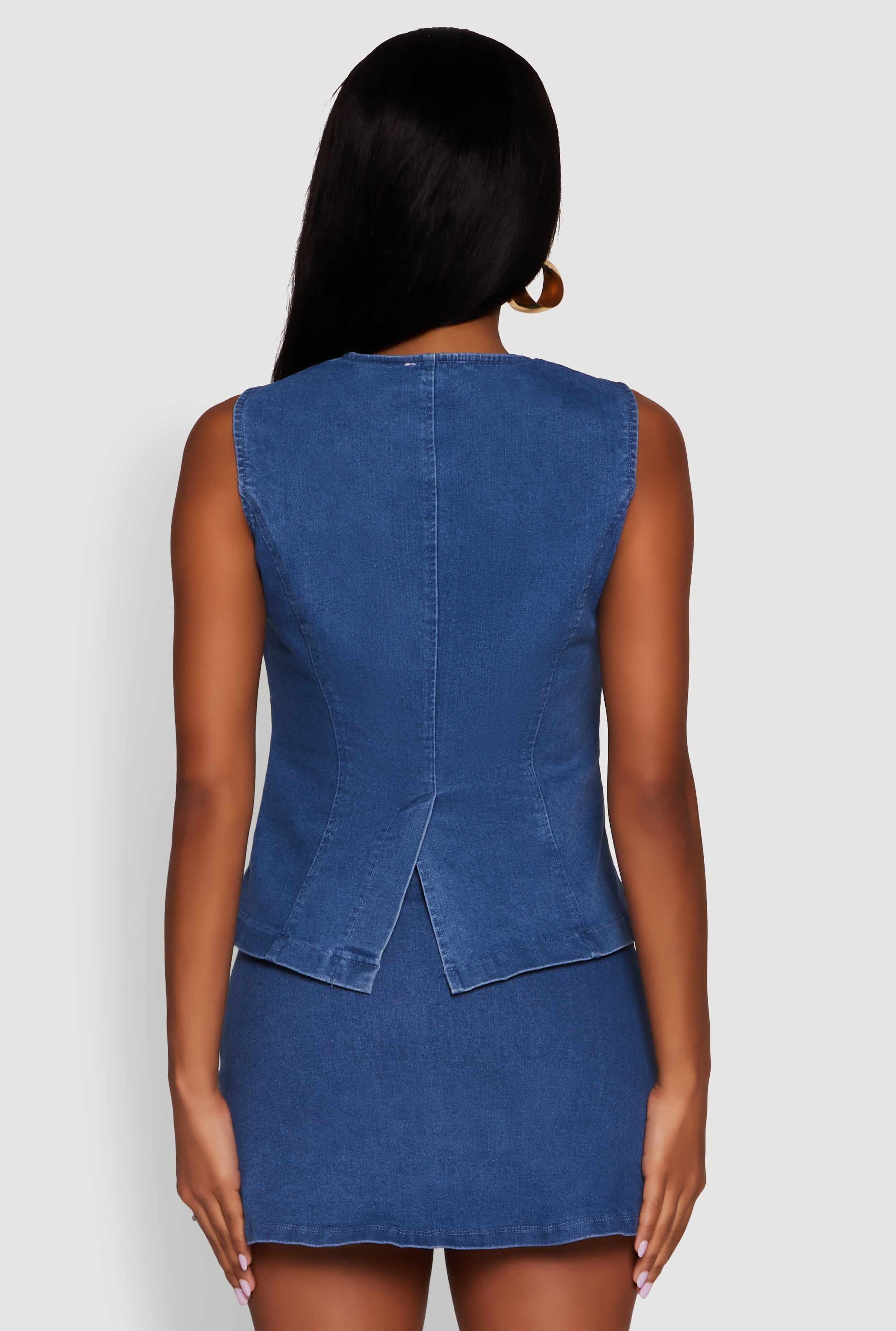 Trendy High Neck Button Front Denim Vest