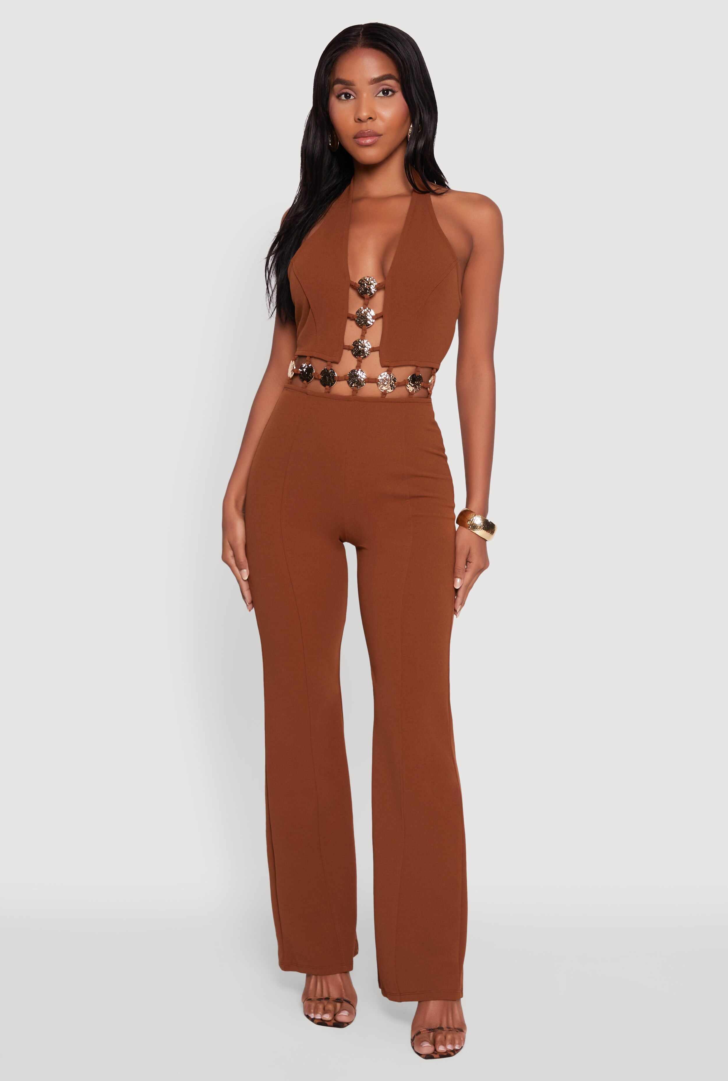 Metallic Detail Plunge Tie Back Halter Jumpsuit