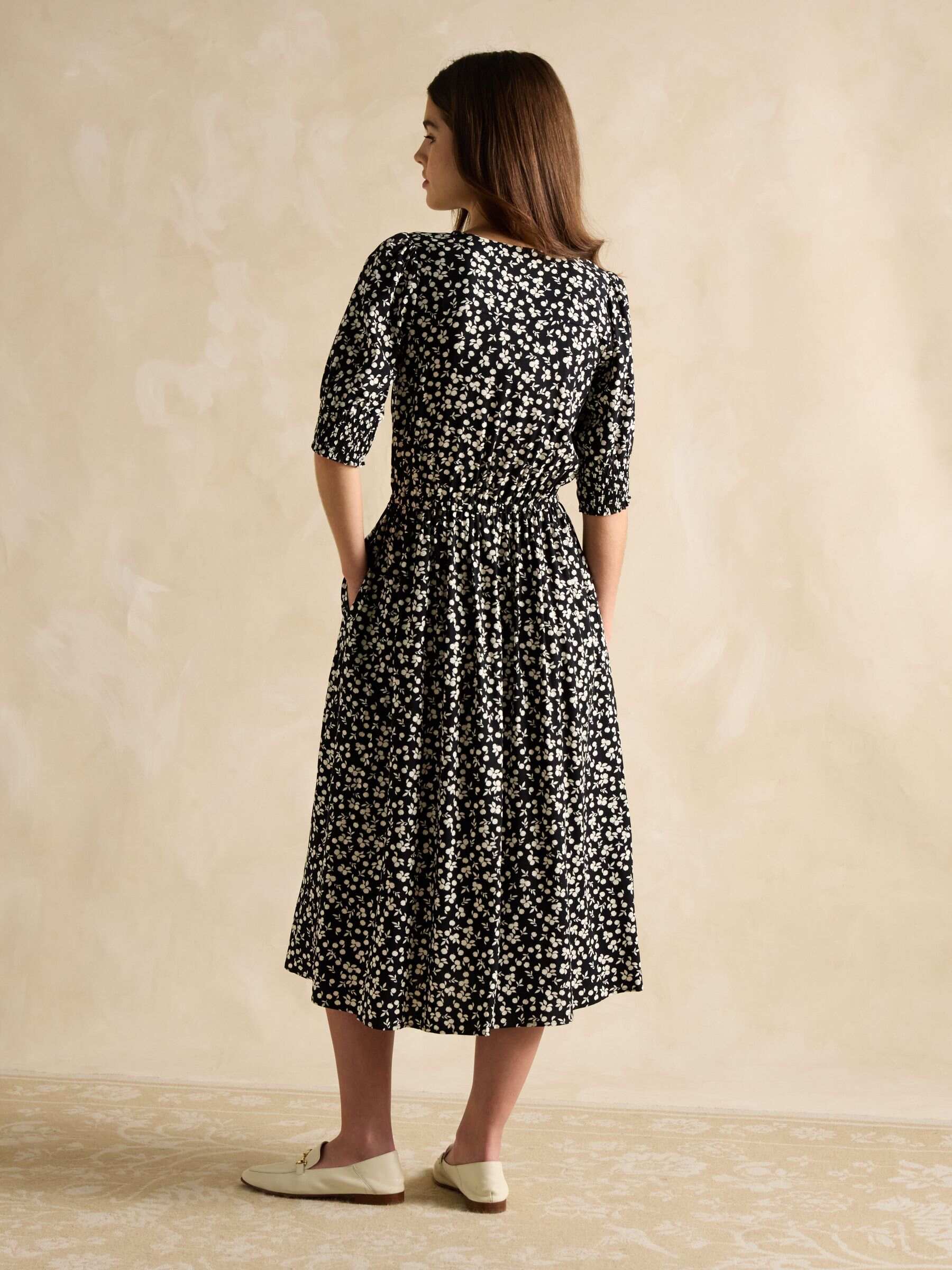 Adele Black V-Neck Elbow Length Sleeve Midi Dress