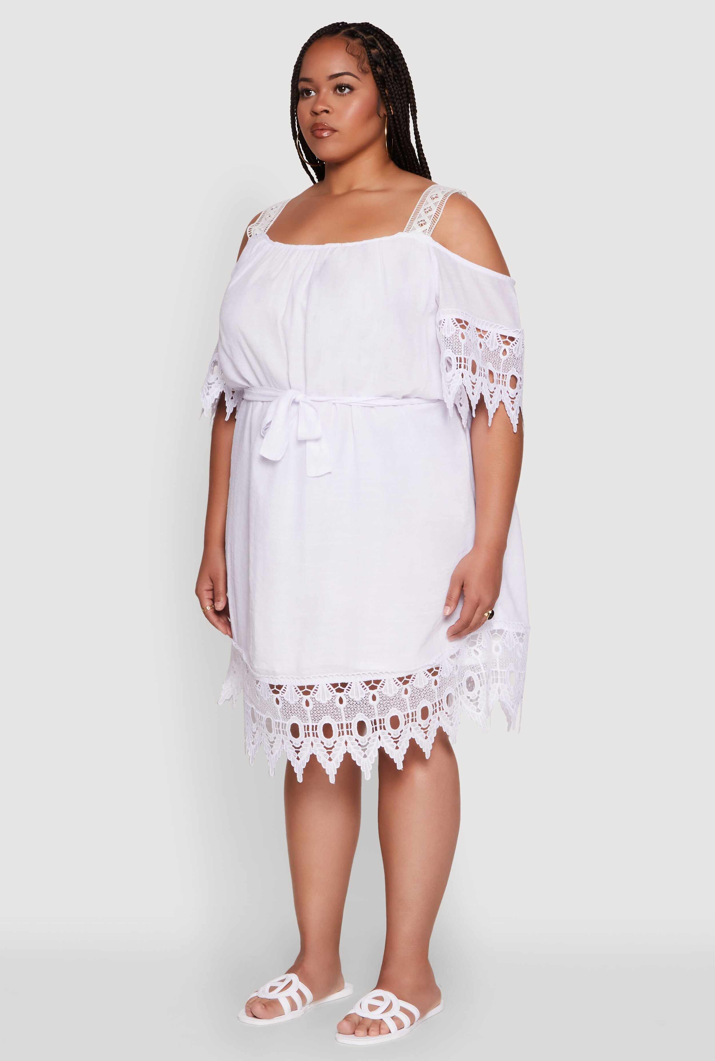 Plus Size Chic Crochet Detail Gauze Knit Cold Shoulder Dress