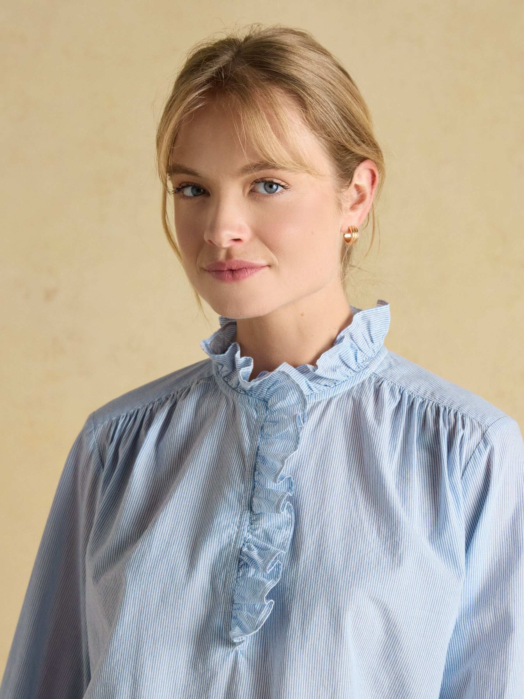 Melanie Blue/White Cotton Ruffle Blouse