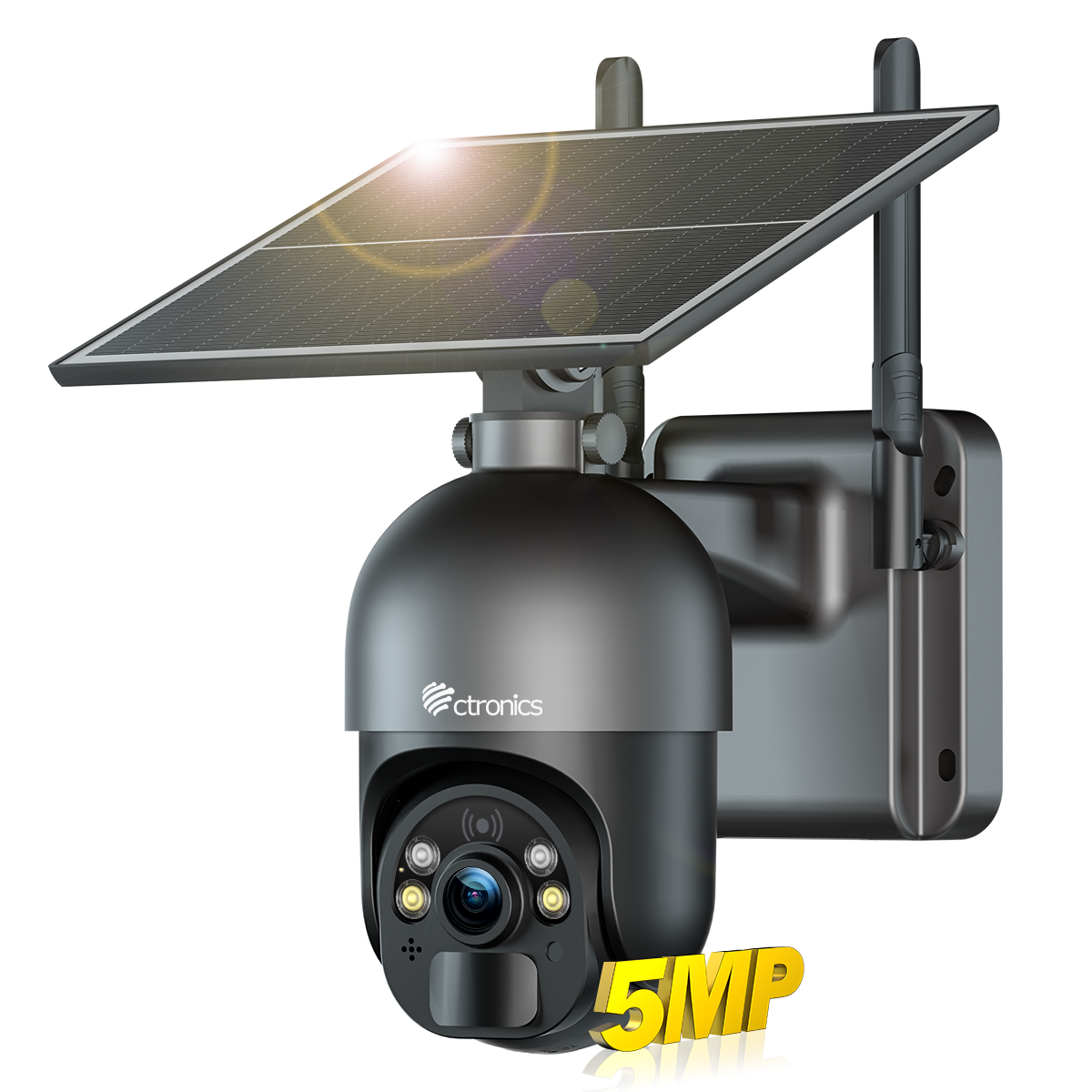 Ctronics 5MP Solar Security Camera Outdoor Wireless, 6W Solar Panel, Sound-Light Alarm, PC/Phone Remote Control, Color Night Vision