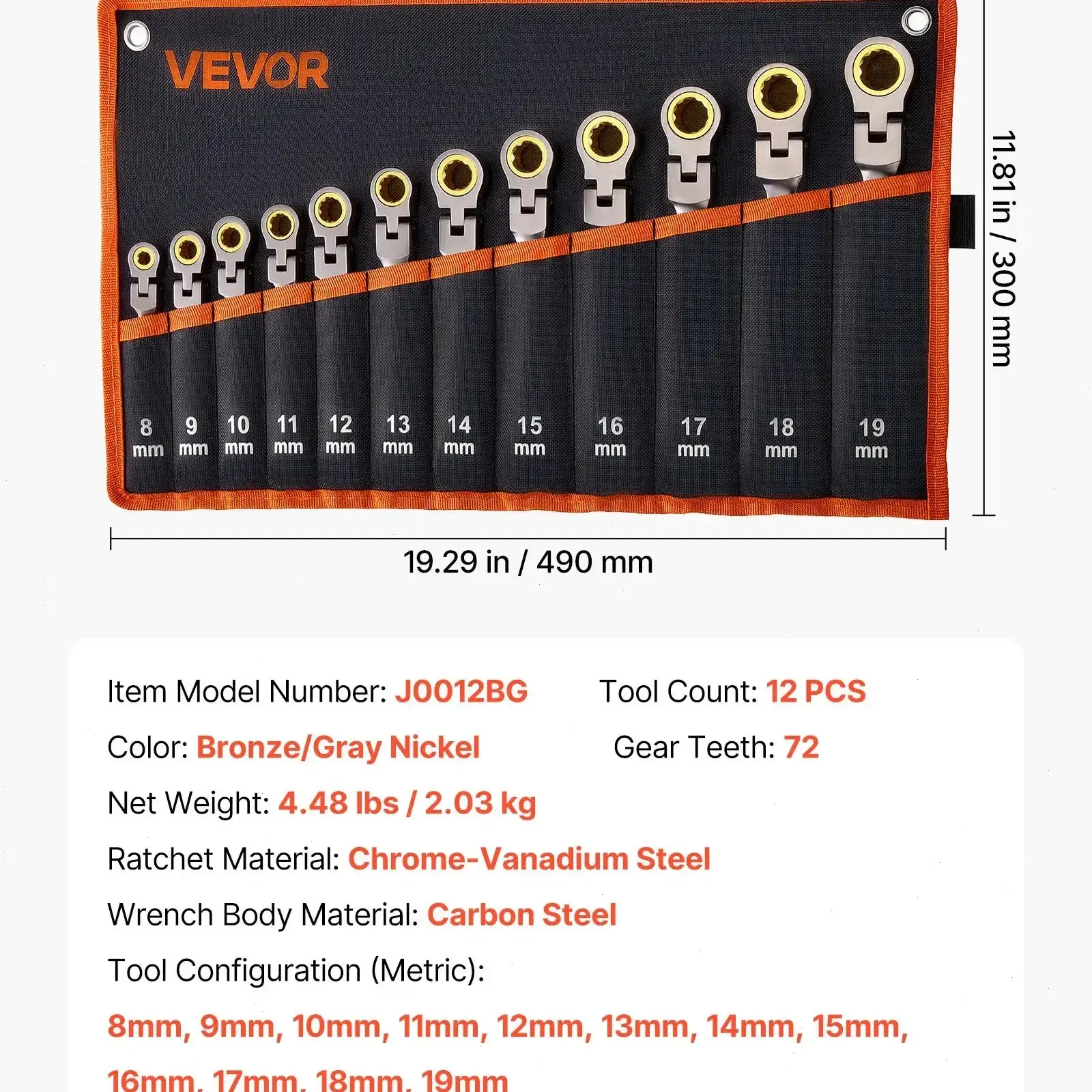 12-Piece Multifunctional Flex-Head Ratcheting Wrench Set, Metric 8 mm-19 mm, 72 Teeth Cr-V Steel Flexible Combination Wrench Set, Car & Automotive Tools with Roll Up Pouch, for Household & Automotive Repairs, Multifunctional Wrench Set