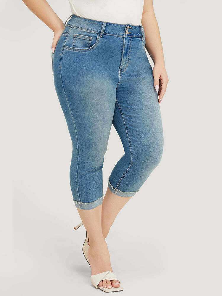 Very Stretchy High Rise Medium Wash Roll Hem Cropped Jeans