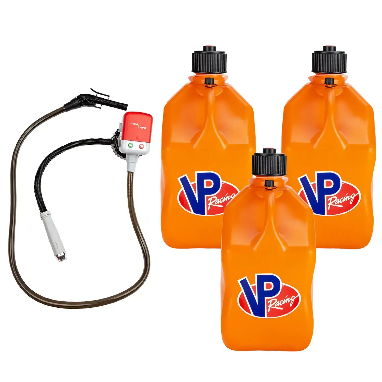 (3 PACK) Racing Fuels Utility Jug + (1) Fluid Transfer Pump, Tera Pump, Battery Liquid Transfer, Cordless Water Transfer Outdoor Power Equipment, Motorsports,  Efficiency,  Convenience