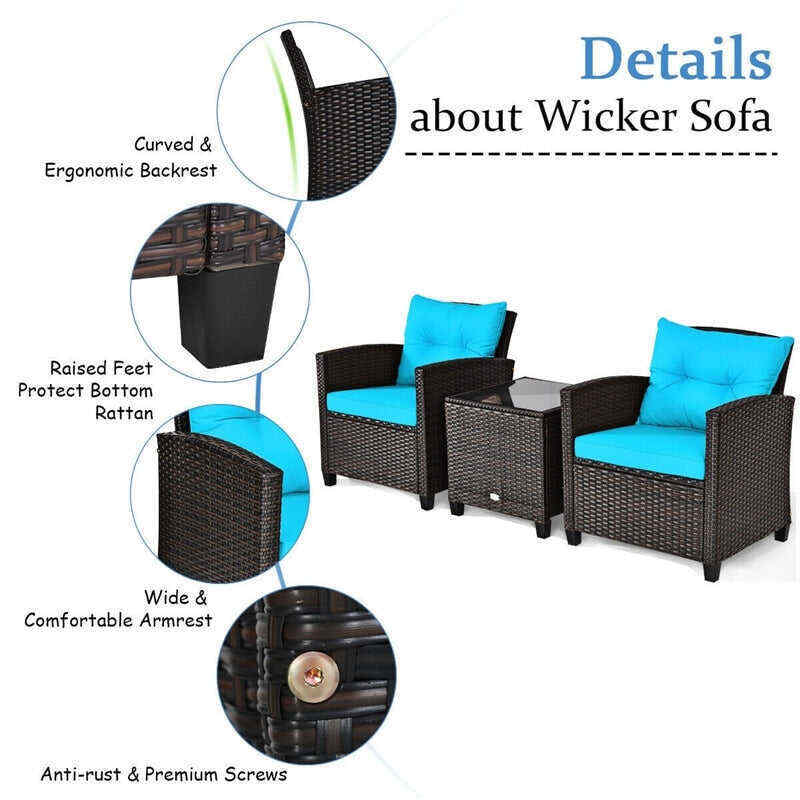 3 Pieces Patio Rattan Furniture Set Outdoor Wicker Conversation Set with Washable Cushion and Coffee Table