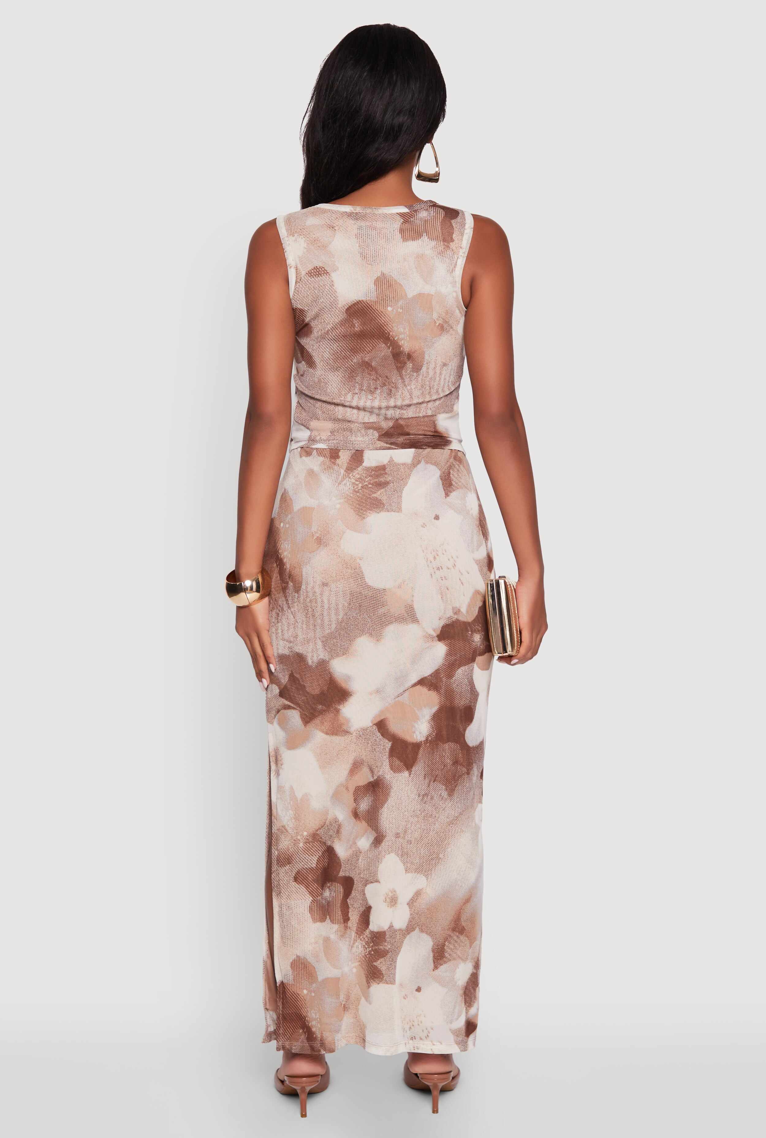 Printed Patterned Mesh Tank Top and Side Slit Maxi Skirt