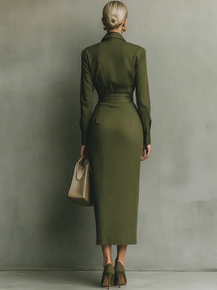 Army Green Cotton Blended Maxi Dress