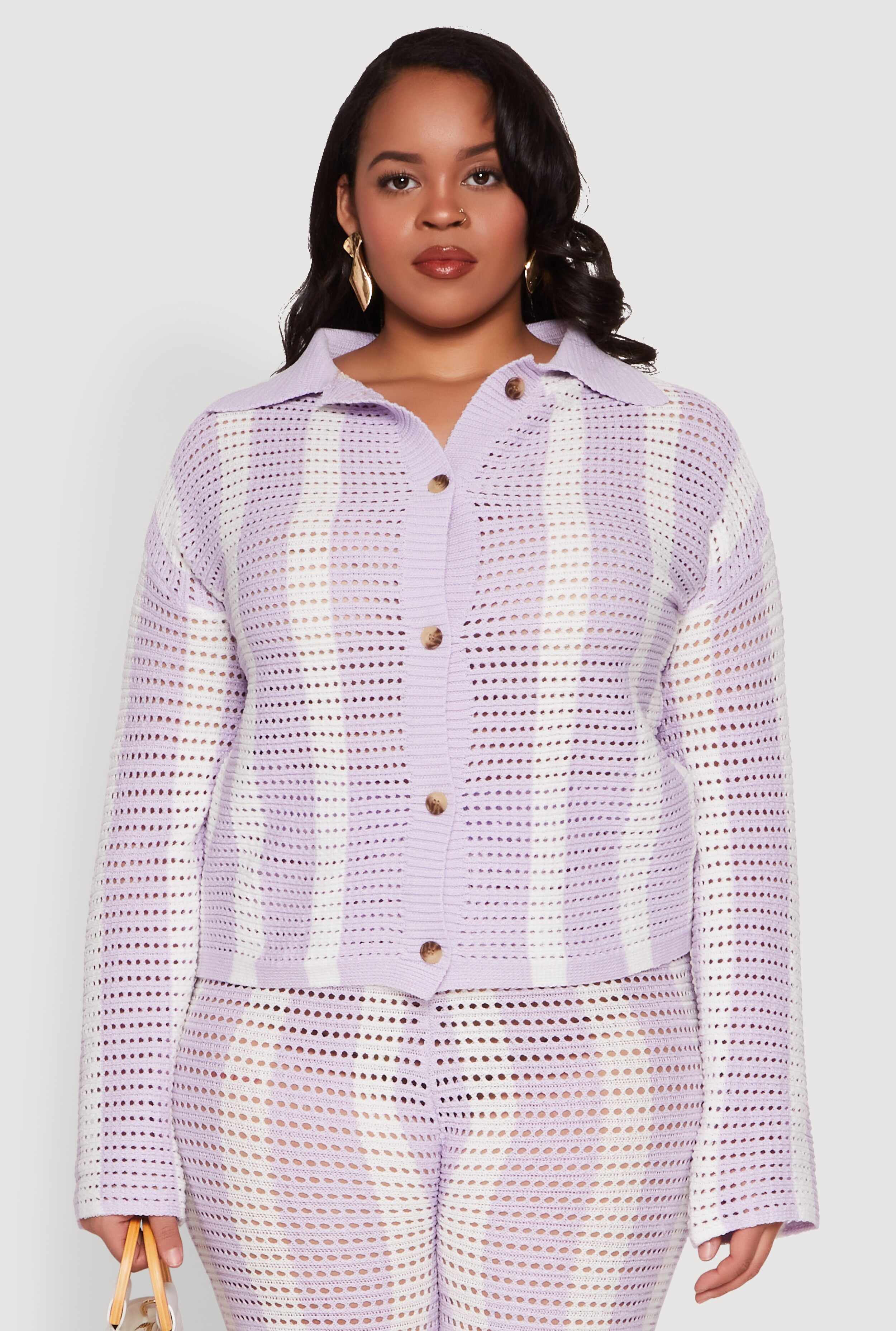 Plus Size Daisy Striped Crochet Shirt
