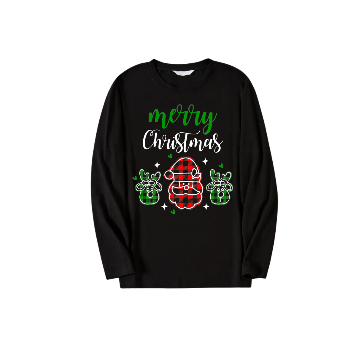 Merry Christmas Text and Santa Claus Pattern Black Long Sleeve Top