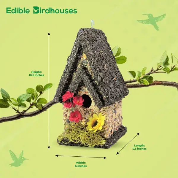 Edible Bird Feeder - Dark Roof Tall Birdhouse Handcrafted in USA Solid Wood Premium Birdseed Blend Attracts Songbirds Deters Squirrels with Chili Flakes